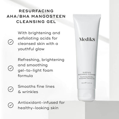 A tube of Medik8 Surface Radiance Cleanse™ with AHA/BHA complex is set against a white background, showcasing its exfoliating benefits like skin brightening, smoothing, and antioxidant infusion for radiant skin.