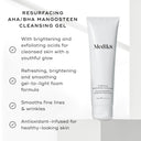 Image of Medik8 Surface Radiance Cleanse™ (Travel Size) highlighting its exfoliating benefits with an AHA/BHA complex. It brightens skin, smooths fine lines, and delivers antioxidants for a radiant glow.