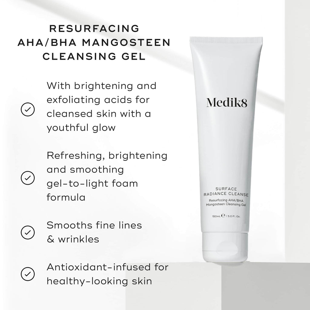 Image of Medik8 Surface Radiance Cleanse™ (Travel Size) highlighting its exfoliating benefits with an AHA/BHA complex. It brightens skin, smooths fine lines, and delivers antioxidants for a radiant glow.