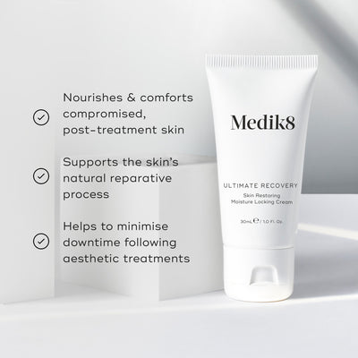 Medik8's Ultimate Recovery™ cream is shown against a white background, emphasizing its role as a restorative cream for post-treatment skin care, especially effective for compromised skin.