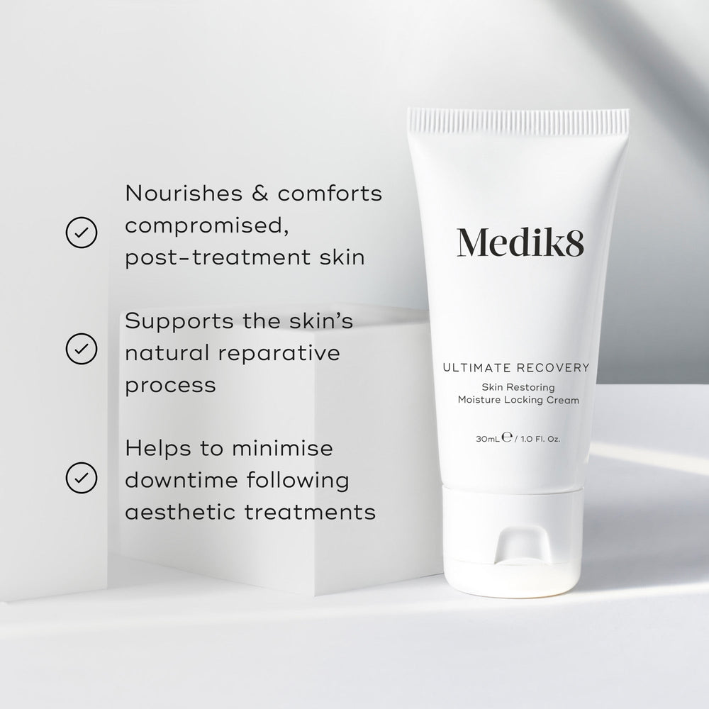 Medik8's Ultimate Recovery™ cream is shown against a white background, emphasizing its role as a restorative cream for post-treatment skin care, especially effective for compromised skin.