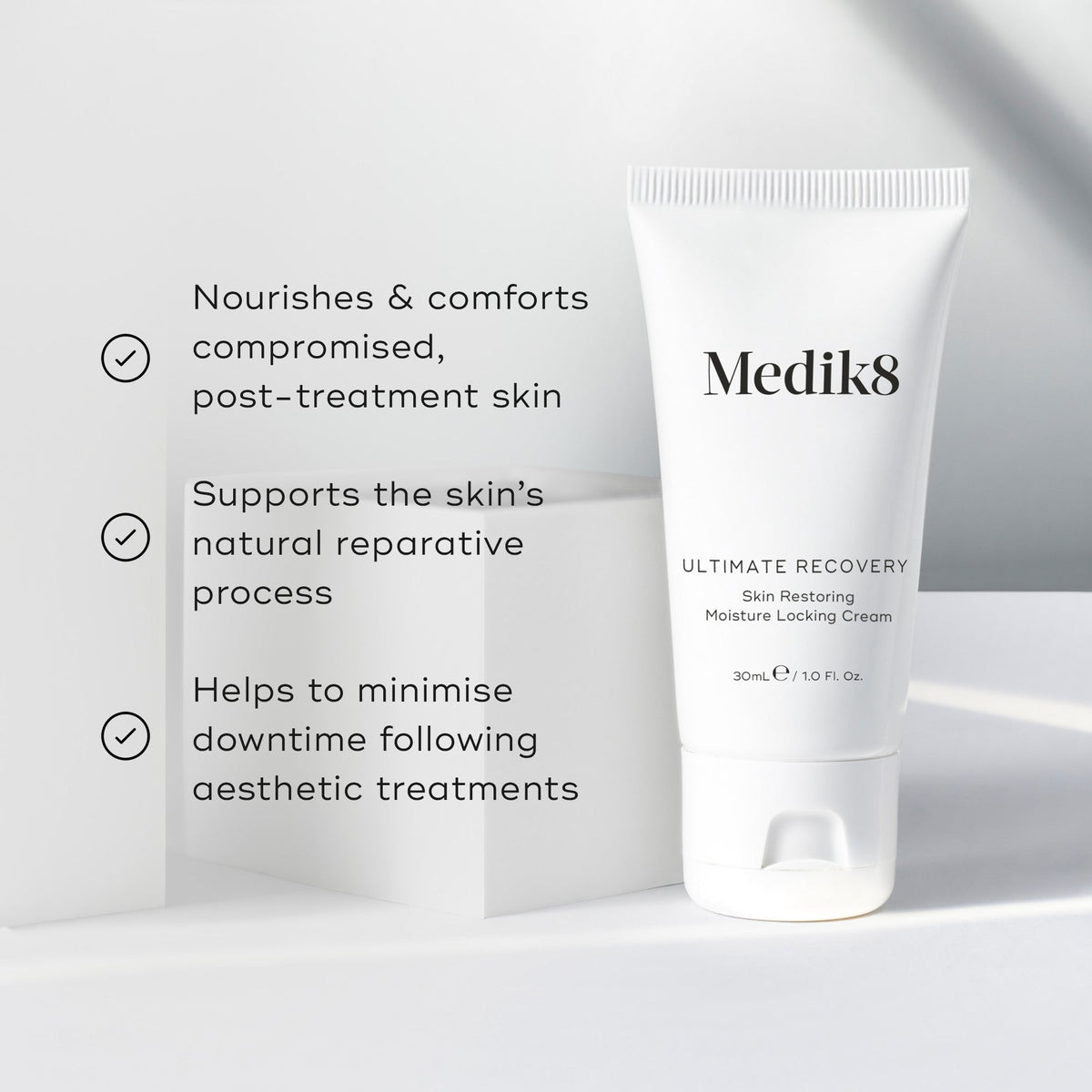 Medik8's Ultimate Recovery™ cream is shown against a white background, emphasizing its role as a restorative cream for post-treatment skin care, especially effective for compromised skin.