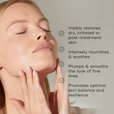 Someone gently uses the Medik8 Ultimate Recovery™ Bio-Cellulose Mask, which restores skin, nourishes, smooths fine lines, and promotes balance and resilience for sensitive skin.