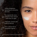A woman applies Medik8's r-Retinoate® Day & Night skincare serum, a 3-in-1 formula that brightens, revitalizes, smooths, and improves skin tone. Comparable to retinol, it features retinyl retinoate for enhanced anti-aging benefits and vitamin A for radiant skin.