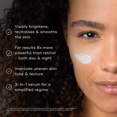 A woman applies Medik8's r-Retinoate® Day & Night skincare serum, a 3-in-1 formula that brightens, revitalizes, smooths, and improves skin tone. Comparable to retinol, it features retinyl retinoate for enhanced anti-aging benefits and vitamin A for radiant skin.