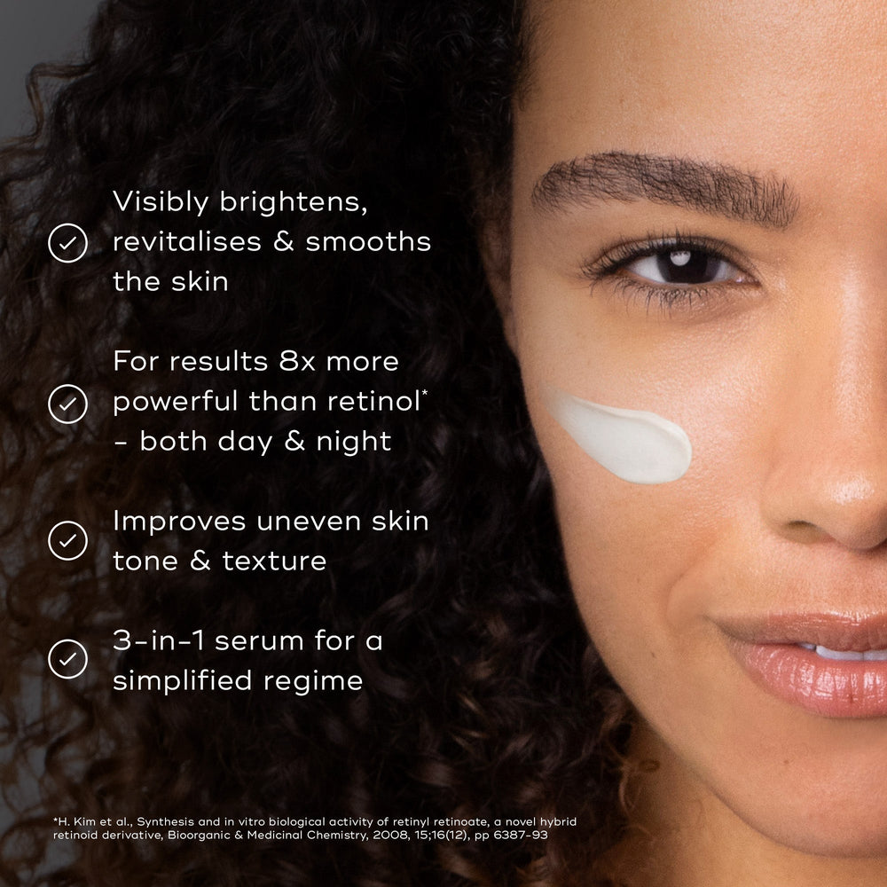 A woman applies Medik8's r-Retinoate® Day & Night skincare serum, a 3-in-1 formula that brightens, revitalizes, smooths, and improves skin tone. Comparable to retinol, it features retinyl retinoate for enhanced anti-aging benefits and vitamin A for radiant skin.