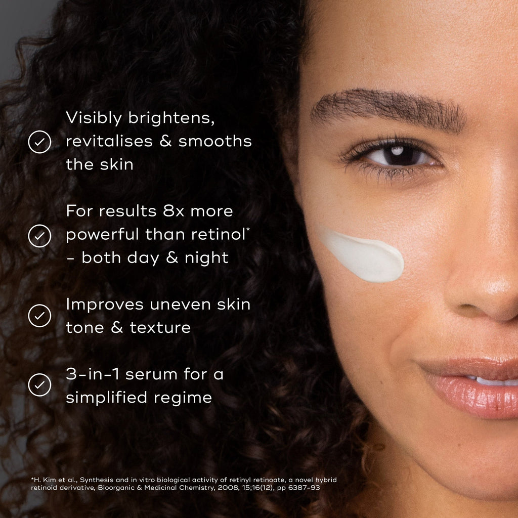A woman applies Medik8's r-Retinoate® Day & Night skincare serum, a 3-in-1 formula that brightens, revitalizes, smooths, and improves skin tone. Comparable to retinol, it features retinyl retinoate for enhanced anti-aging benefits and vitamin A for radiant skin.