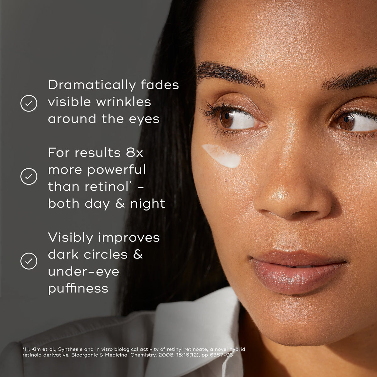 A woman uses Medik8's r-Retinoate® Day & Night Eye Serum, highlighting its benefits: it reduces fine lines and wrinkles, is 8x stronger than standard retinol, and effectively improves dark circles and puffiness.