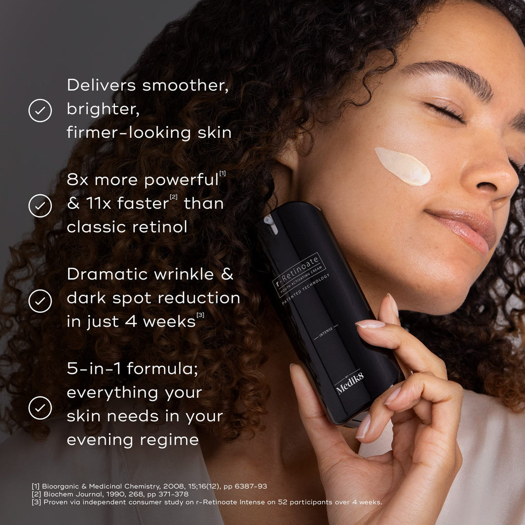 Someone applies Medik8's r-Retinoate® Intense to their cheek, demonstrating its potent Vitamin A formula. The text emphasizes benefits like smoother skin and noticeable wrinkle reduction.