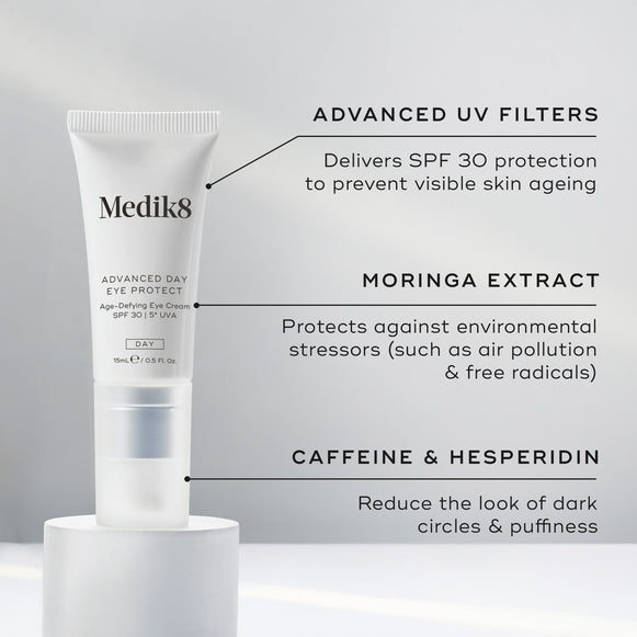 A tube of Medik8's Advanced Day Eye Protect™ with SPF 30 includes advanced UV filters, moringa extract, caffeine, and hesperidin to help prevent wrinkles and protect the delicate eye area.-hover-4