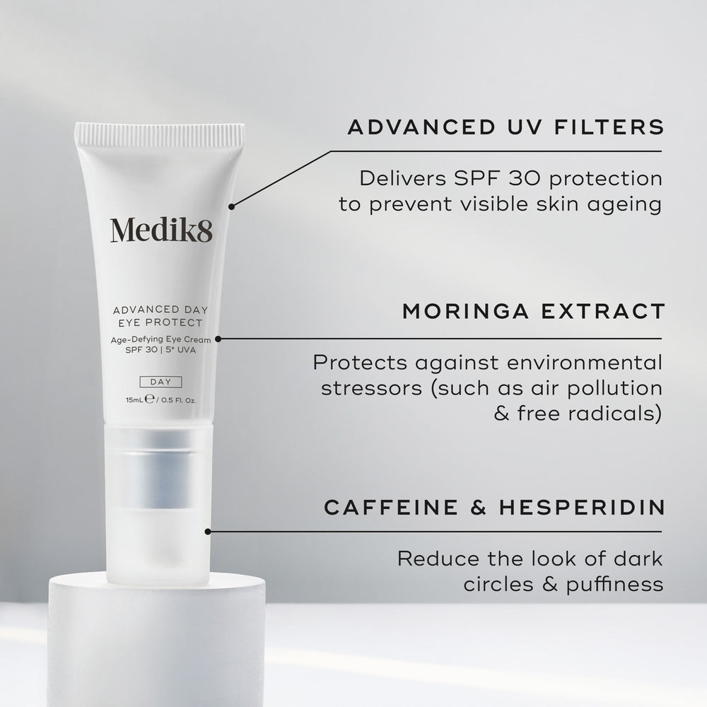 A tube of Medik8's Advanced Day Eye Protect™ with SPF 30 includes advanced UV filters, moringa extract, caffeine, and hesperidin to help prevent wrinkles and protect the delicate eye area.