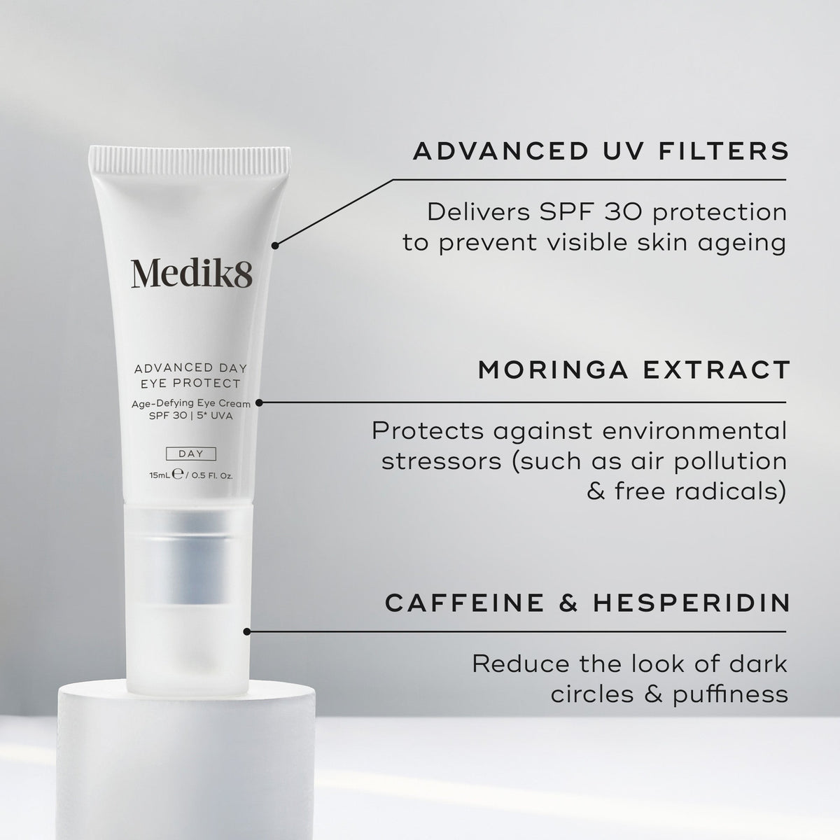 A tube of Medik8's Advanced Day Eye Protect™ with SPF 30 includes advanced UV filters, moringa extract, caffeine, and hesperidin to help prevent wrinkles and protect the delicate eye area.