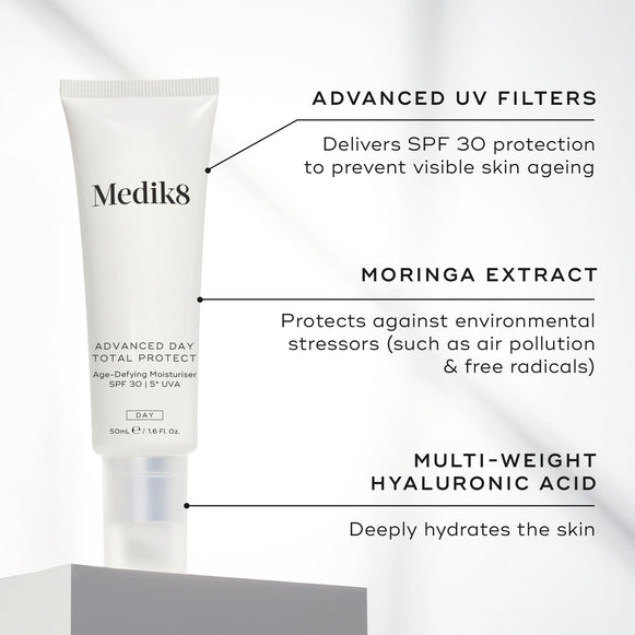 Tube of Medik8's Advanced Day Total Protect™ moisturizer set against a white background, featuring SPF 30 for sun protection, moringa extract for environmental defense, and hyaluronic acid for deep hydration.-hover-5