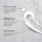 Medik8's Balance Moisturiser™ & Glycolic Acid Activator™ features "Glycolic Acid Activator" for exfoliation, "Prebiotics & Postbiotics" for microbiome balance, and "Niacinamide" to regulate oil. It serves as an AHA Surface Perfector and Balance Moisturiser, shown next to a lotion swatch.