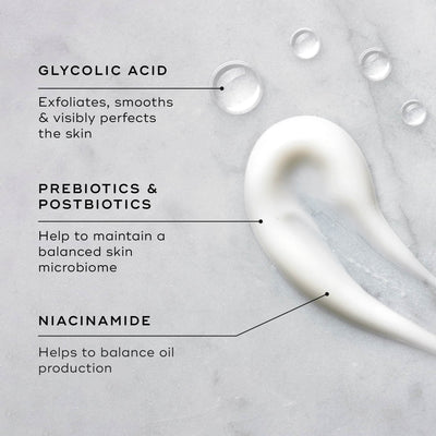 Medik8's Balance Moisturiser™ & Glycolic Acid Activator™ features "Glycolic Acid Activator" for exfoliation, "Prebiotics & Postbiotics" for microbiome balance, and "Niacinamide" to regulate oil. It serves as an AHA Surface Perfector and Balance Moisturiser, shown next to a lotion swatch.