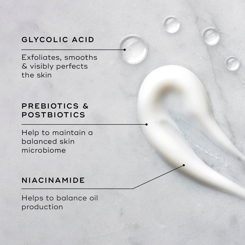Medik8's Balance Moisturiser™ & Glycolic Acid Activator™ features "Glycolic Acid Activator" for exfoliation, "Prebiotics & Postbiotics" for microbiome balance, and "Niacinamide" to regulate oil. It serves as an AHA Surface Perfector and Balance Moisturiser, shown next to a lotion swatch.
