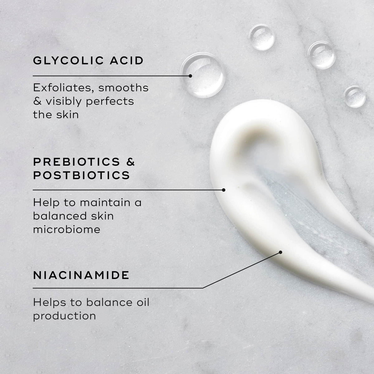 Medik8's Balance Moisturiser™ & Glycolic Acid Activator™ features "Glycolic Acid Activator" for exfoliation, "Prebiotics & Postbiotics" for microbiome balance, and "Niacinamide" to regulate oil. It serves as an AHA Surface Perfector and Balance Moisturiser, shown next to a lotion swatch.