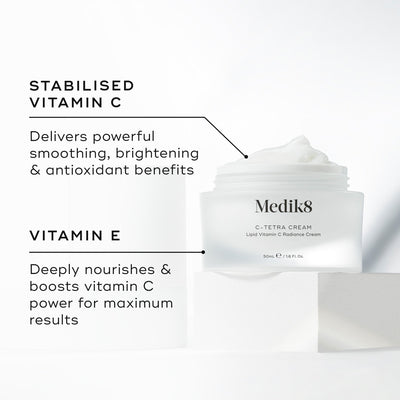 Discover Medik8's C-Tetra® Cream, enriched with stabilized vitamin C for a brighter complexion and vitamin E for deep nourishment. Enjoy enhanced hydration as hyaluronic acid plumps and smooths your skin.