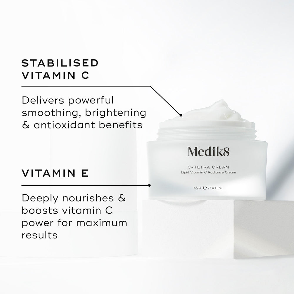Discover Medik8's C-Tetra® Cream, enriched with stabilized vitamin C for a brighter complexion and vitamin E for deep nourishment. Enjoy enhanced hydration as hyaluronic acid plumps and smooths your skin.