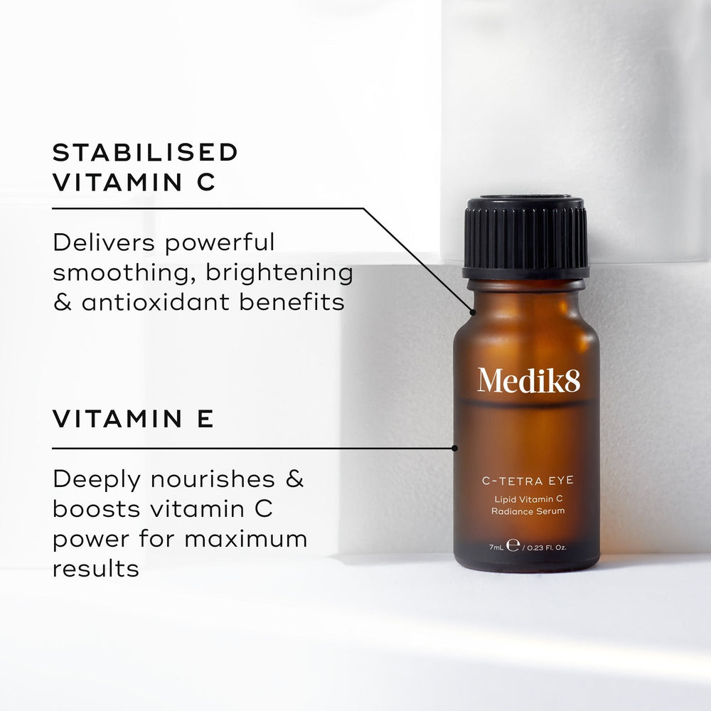 A small amber bottle labeled "Medik8 C-Tetra® Eye" delivers vitamin C and E benefits to smooth, brighten, and nourish the delicate eye area while targeting fine lines and wrinkles.