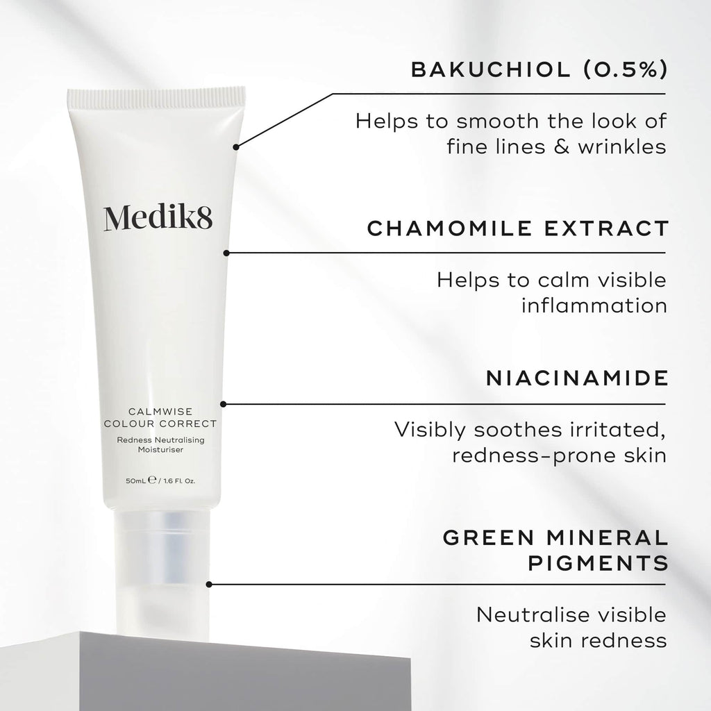 The Medik8 Calmwise™ Colour Correct neutralizes redness with a bakuchiol-infused formula combining Chamomile Extract, Niacinamide, and Green Mineral Pigments for targeted skin benefits.