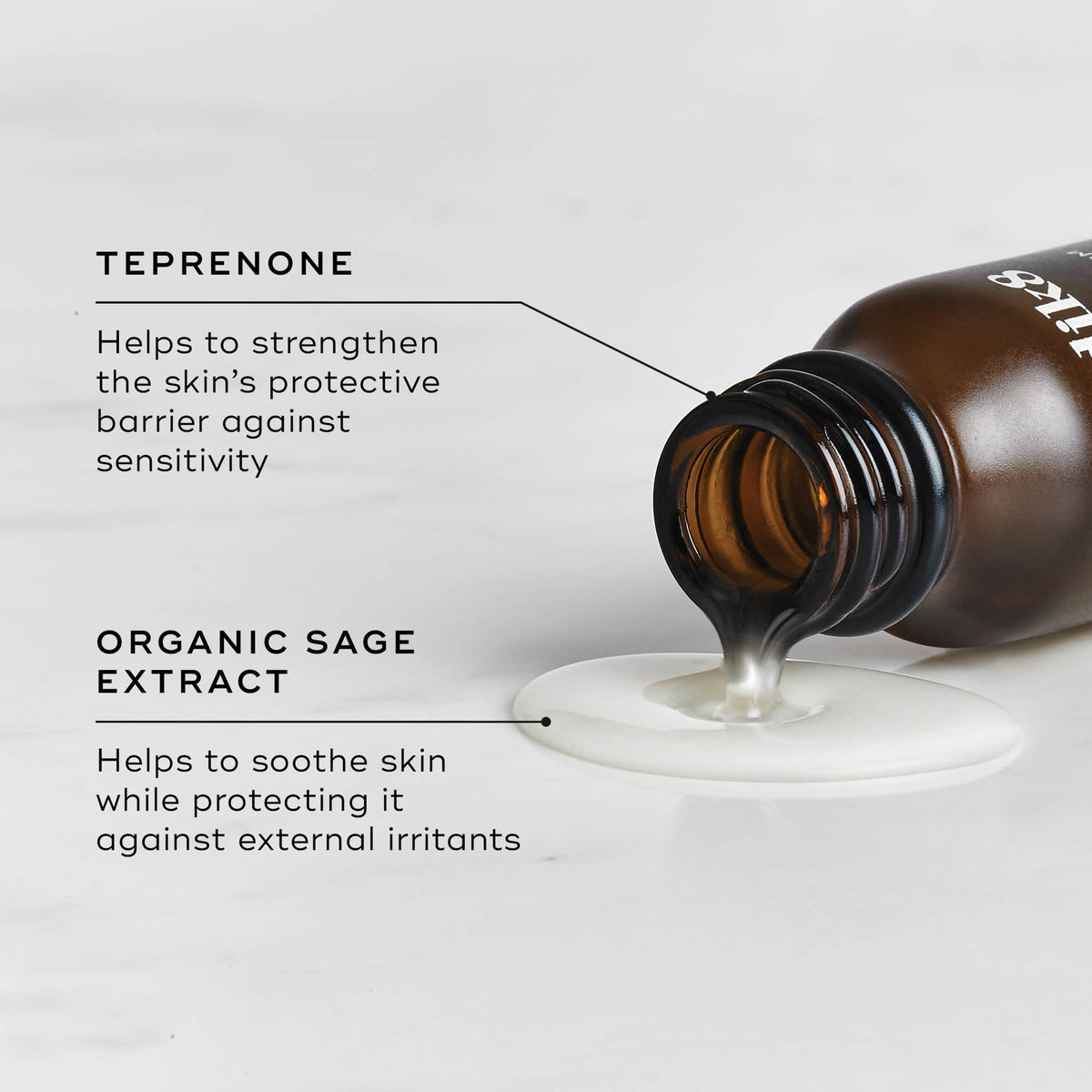 A bottle spills, revealing the wonders of Medik8's Calmwise™ Serum. Labels highlight teprenone for skin barrier protection and organic sage extract for soothing irritants, offering a powerful anti-redness solution.