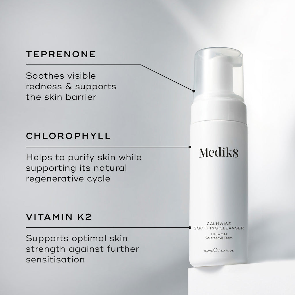 Explore the Medik8 Calmwise™ Soothing Cleanser, infused with chlorophyll, teprenone, and Vitamin K2 to soothe compromised skin and support a radiant complexion.
