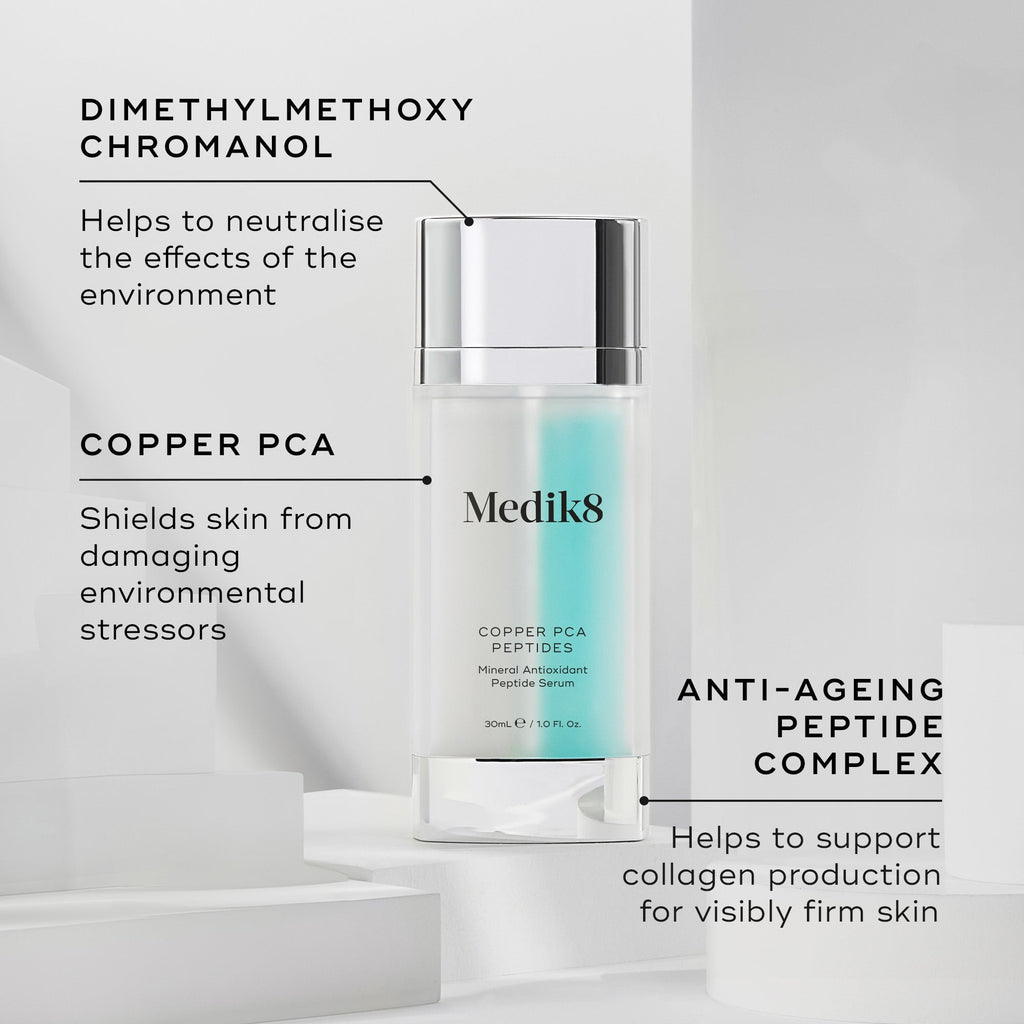 The Medik8 Copper PCA Peptides™ bottle, set against a white background, highlights its potent anti-ageing formula. Featuring an antioxidant blend with Dimethylmethoxy Chromanol, Copper PCA, and age-defying peptides, it’s designed for lasting skincare benefits.