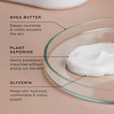 On a glass dish, Cream Cleanse™ by Medik8 is labeled with ingredients including nourishing Shea Butter, moisturizing Plant Saponins to cleanse impurities, and hydrating Glycerin for suppleness.