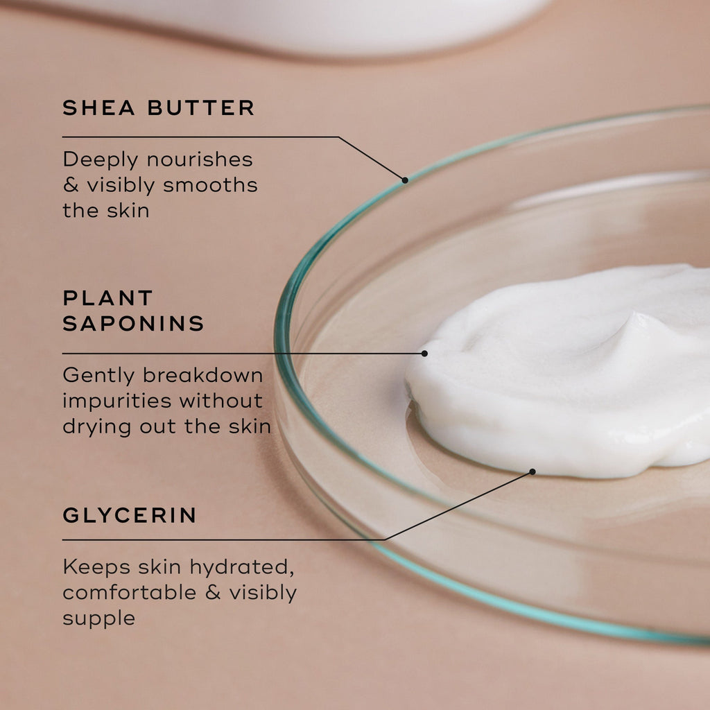 On a glass dish, Cream Cleanse™ by Medik8 is labeled with ingredients including nourishing Shea Butter, moisturizing Plant Saponins to cleanse impurities, and hydrating Glycerin for suppleness.