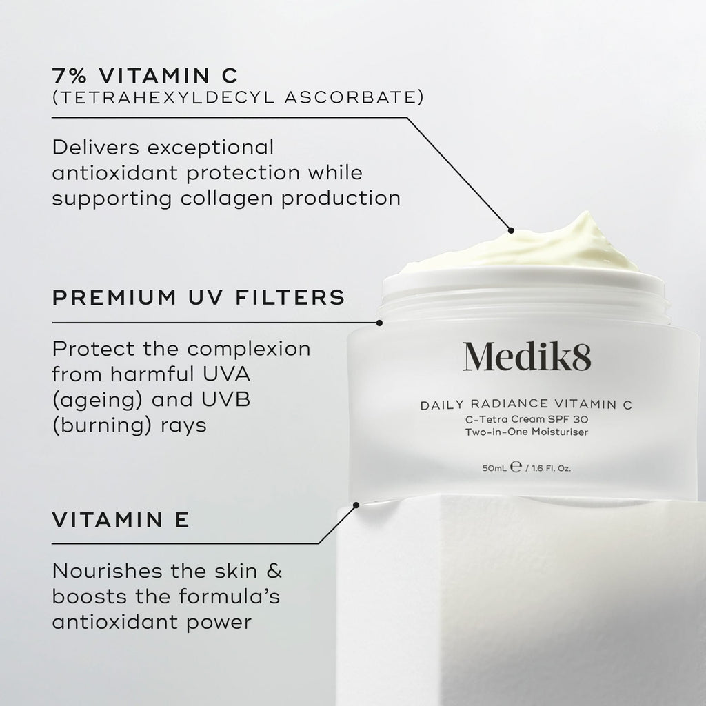 Medik8's Daily Radiance Vitamin C™ cream, featuring 7% Vitamin C, UV filters, and Vitamin E, elegantly provides antioxidant protection. Enhanced with SPF 30, it serves as a daily shield against environmental stressors.