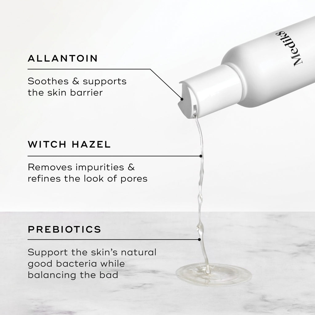 The Daily Refresh Balancing Toner™ by Medik8, in a white bottle, is an ideal daily toner with allantoin for the skin barrier, witch hazel for pores, and prebiotics to balance skin bacteria.