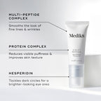 Medik8's Eyelift™ Peptides tube against a light background. The text highlights age-defying peptides, a multi-peptide complex, and hesperidin benefits for the eye area, making this serum an essential part of any skincare routine.