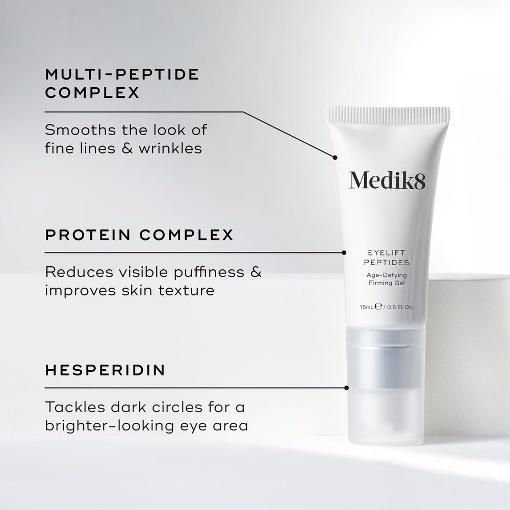 Medik8's Eyelift™ Peptides tube against a light background. The text highlights age-defying peptides, a multi-peptide complex, and hesperidin benefits for the eye area, making this serum an essential part of any skincare routine.