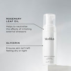 The white bottle of Medik8's Gentle Cleanse™ is a rosemary-infused hydrating foam ideal for sensitive skin, featuring a pH-balanced formula with rosemary leaf oil and glycerin.