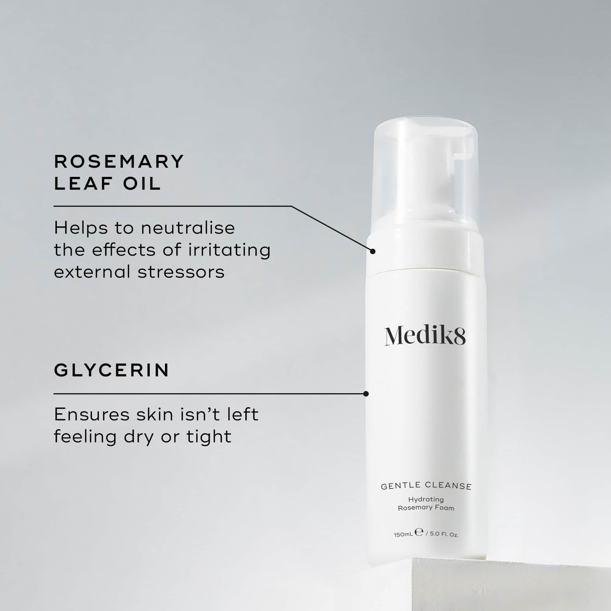 The white bottle of Medik8's Gentle Cleanse™ is a rosemary-infused hydrating foam ideal for sensitive skin, featuring a pH-balanced formula with rosemary leaf oil and glycerin.