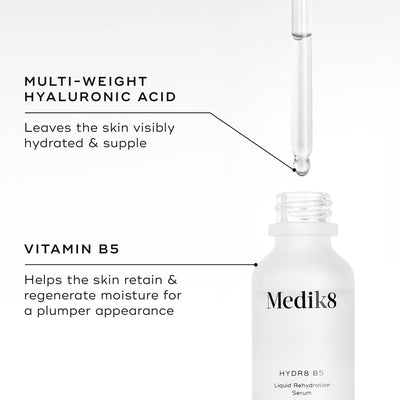 A dropper is poised above the open bottle of Medik8's Hydr8 B5™ (Travel Size), highlighting its moisturizing power with multi-weight hyaluronic acid and Vitamin B5 for superior hydration.