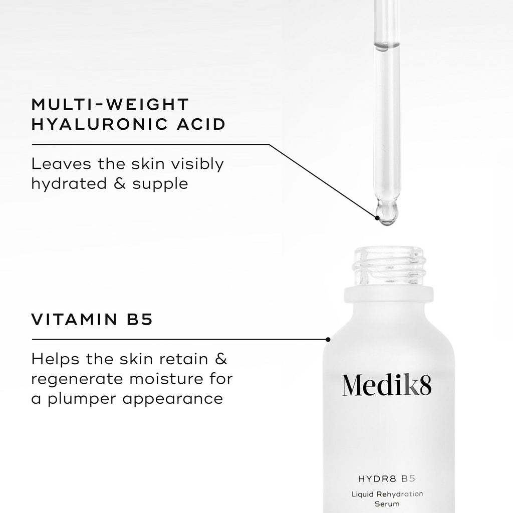 A dropper is poised above the open bottle of Medik8's Hydr8 B5™ (Travel Size), highlighting its moisturizing power with multi-weight hyaluronic acid and Vitamin B5 for superior hydration.