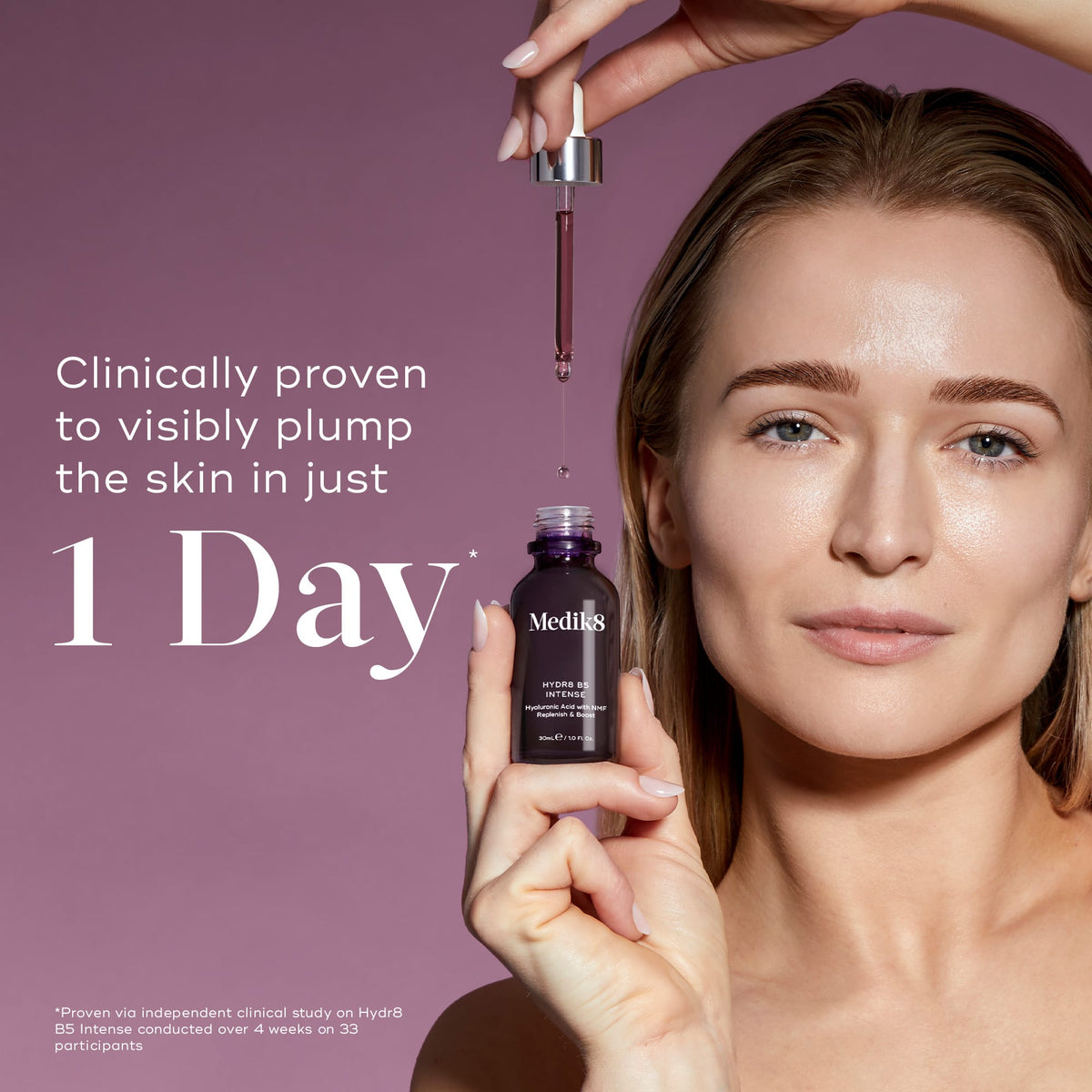 A person uses the Medik8 Hydr8 B5™ Intense serum with a dropper. It is "clinically proven to visibly plump the skin in just 1 day," providing exceptional rehydration, as shown in a study with 33 participants.
