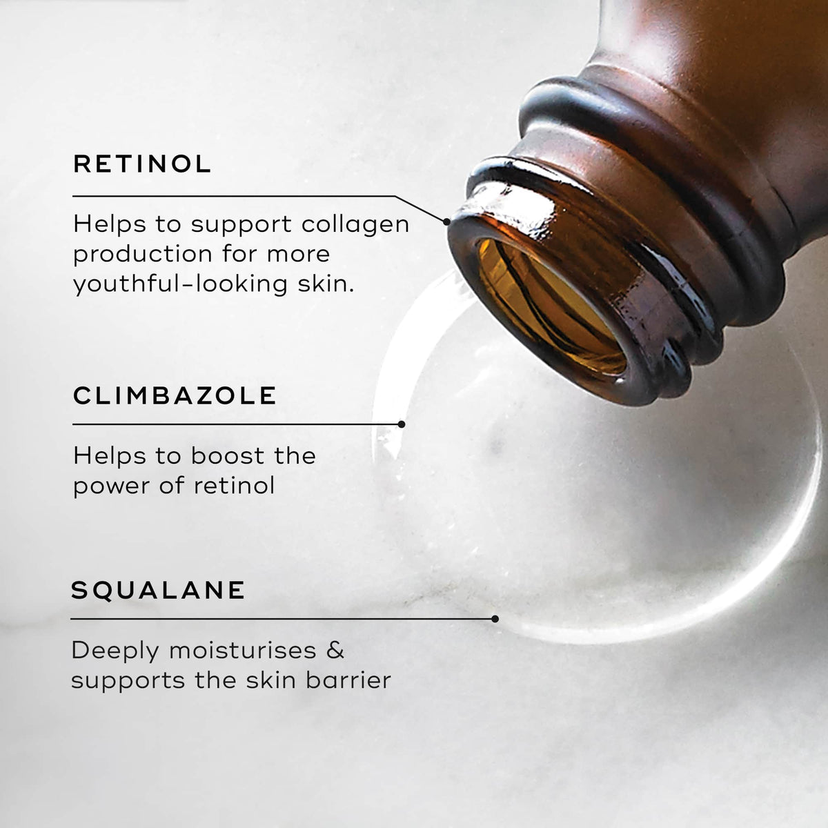 An open bottle of Medik8’s Intelligent Retinol™ pours a clear liquid, showcasing the age-defying benefits of retinol, climbazole, and squalane. This potent vitamin A serum enhances collagen production, boosts retinol effectiveness, and deeply moisturizes the skin.