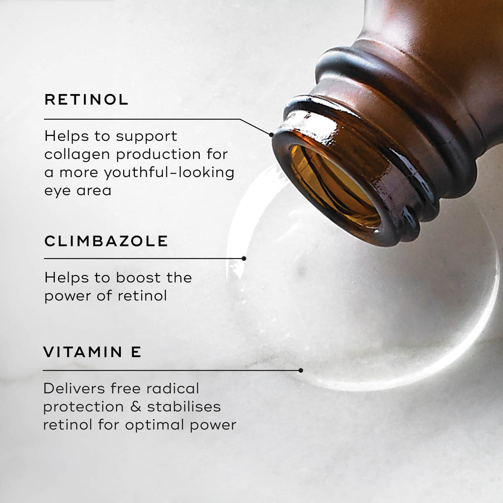 The Intelligent Retinol Eye TR™ by Medik8, in a brown bottle on a white surface, features a formula enriched with climbazole to boost retinol benefits, reduce fine lines, and promote collagen production while providing antioxidant protection with vitamin E.