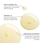 The image features safflower oil, omega-6, and moringa extract, all enhanced with anti-pollution technology for skin benefits. Ideal for Medik8 Lipid-Balance Cleansing Oil™ users who want effective makeup removal and a radiant complexion.