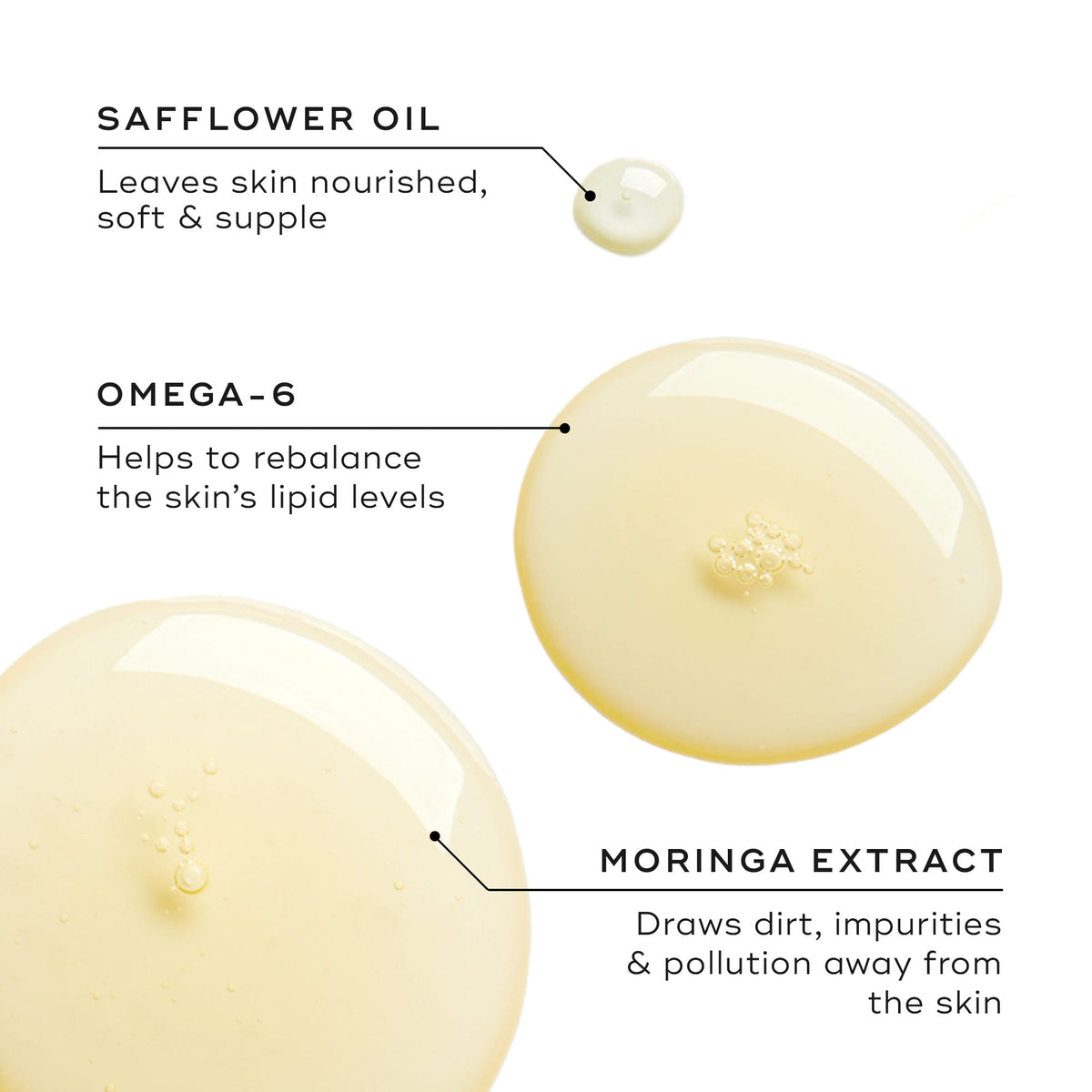 The image features safflower oil, omega-6, and moringa extract, all enhanced with anti-pollution technology for skin benefits. Ideal for Medik8 Lipid-Balance Cleansing Oil™ users who want effective makeup removal and a radiant complexion.