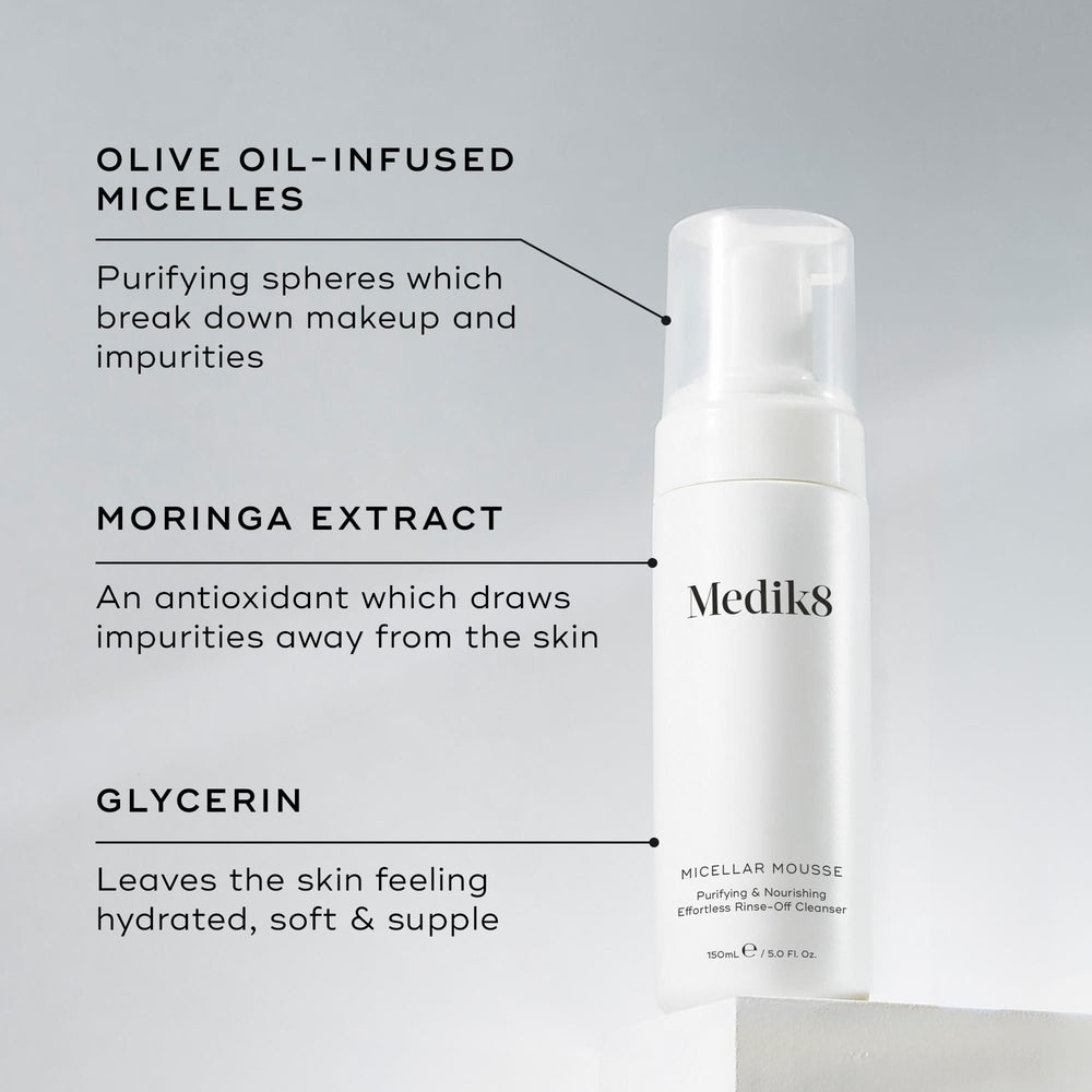 The Medik8 Micellar Mousse™ features advanced micellar cleansing technology, with olive oil-infused micelles, moringa extract, and glycerin to effectively remove makeup and hydrate the skin.