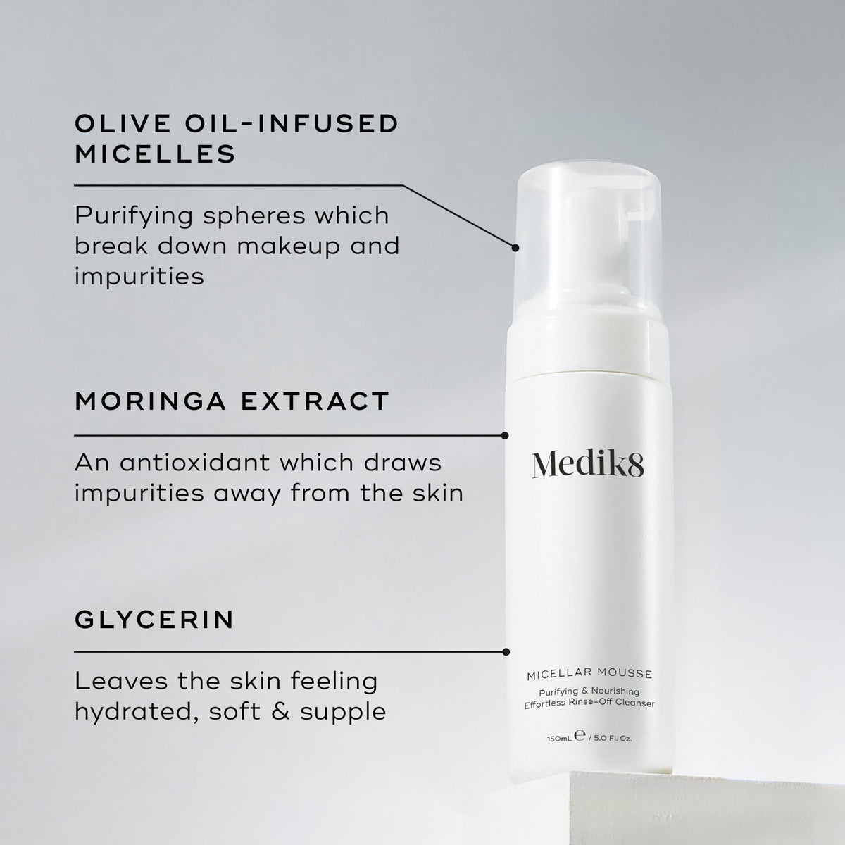 The Medik8 Micellar Mousse™ features advanced micellar cleansing technology, with olive oil-infused micelles, moringa extract, and glycerin to effectively remove makeup and hydrate the skin.