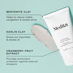 The image shows the Medik8 Natural Clay Mask™ tube, highlighting its bentonite and kaolin clay for pore refining and cranberry fruit extract for additional benefits.