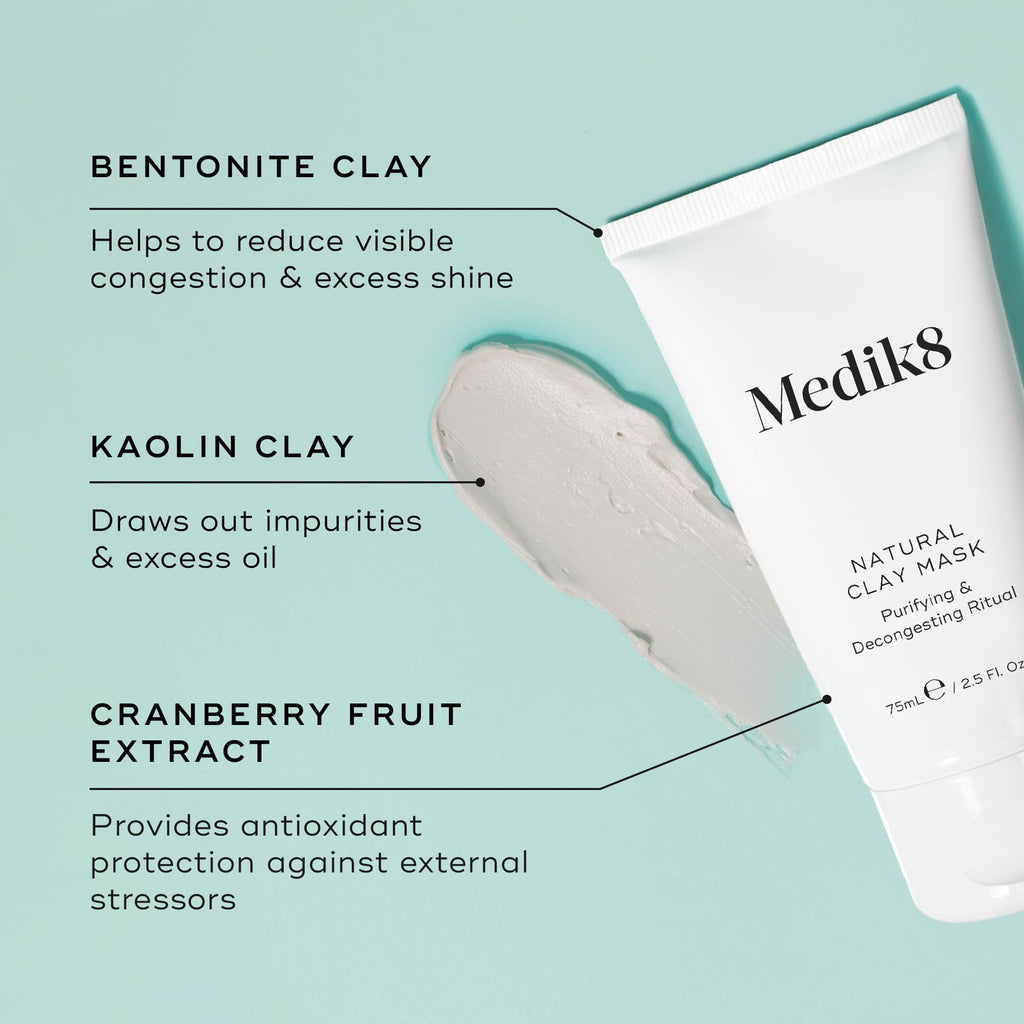The image shows the Medik8 Natural Clay Mask™ tube, highlighting its bentonite and kaolin clay for pore refining and cranberry fruit extract for additional benefits.
