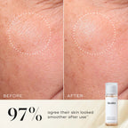 A before and after comparison shows improved skin texture and a glowing complexion. The bottom right features Medik8's Press & Glow®, with text noting 97% agree their skin looked smoother after using this polyhydroxy acid formula.