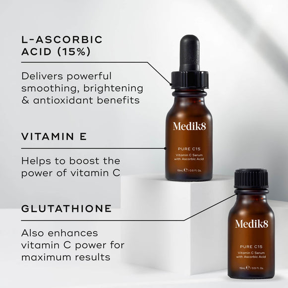 Two bottles of Medik8's Pure C15™ age-defying serum on a white surface. Text highlights the benefits of L-Ascorbic Acid, Vitamin E, and Glutathione for smoothing, brightening skin and providing antioxidant protection.-hover-7
