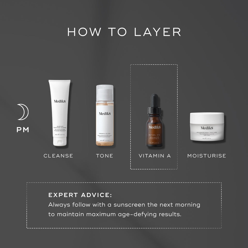 Start your skincare routine with cleanse and tone, then apply Medik8's Retinol 3TR™ serum featuring Time Release technology to target fine lines and wrinkles. Finish with moisturizer. For best results, follow expert advice by applying sunscreen the next morning.